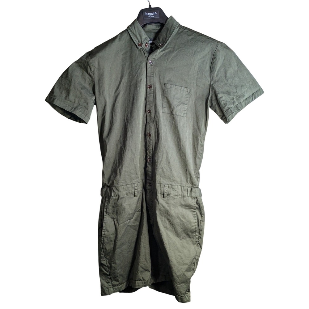 Romperjack Mens Large Olive Green Short Sleeve Button Front Jumpsuit
